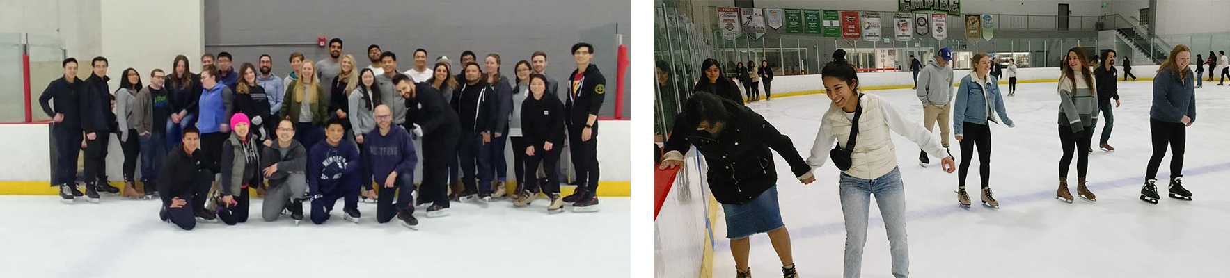Two photos of groups of people ice skating indoors; one group poses for a photo near the rink barrier, the other shows individuals skating on the ice.