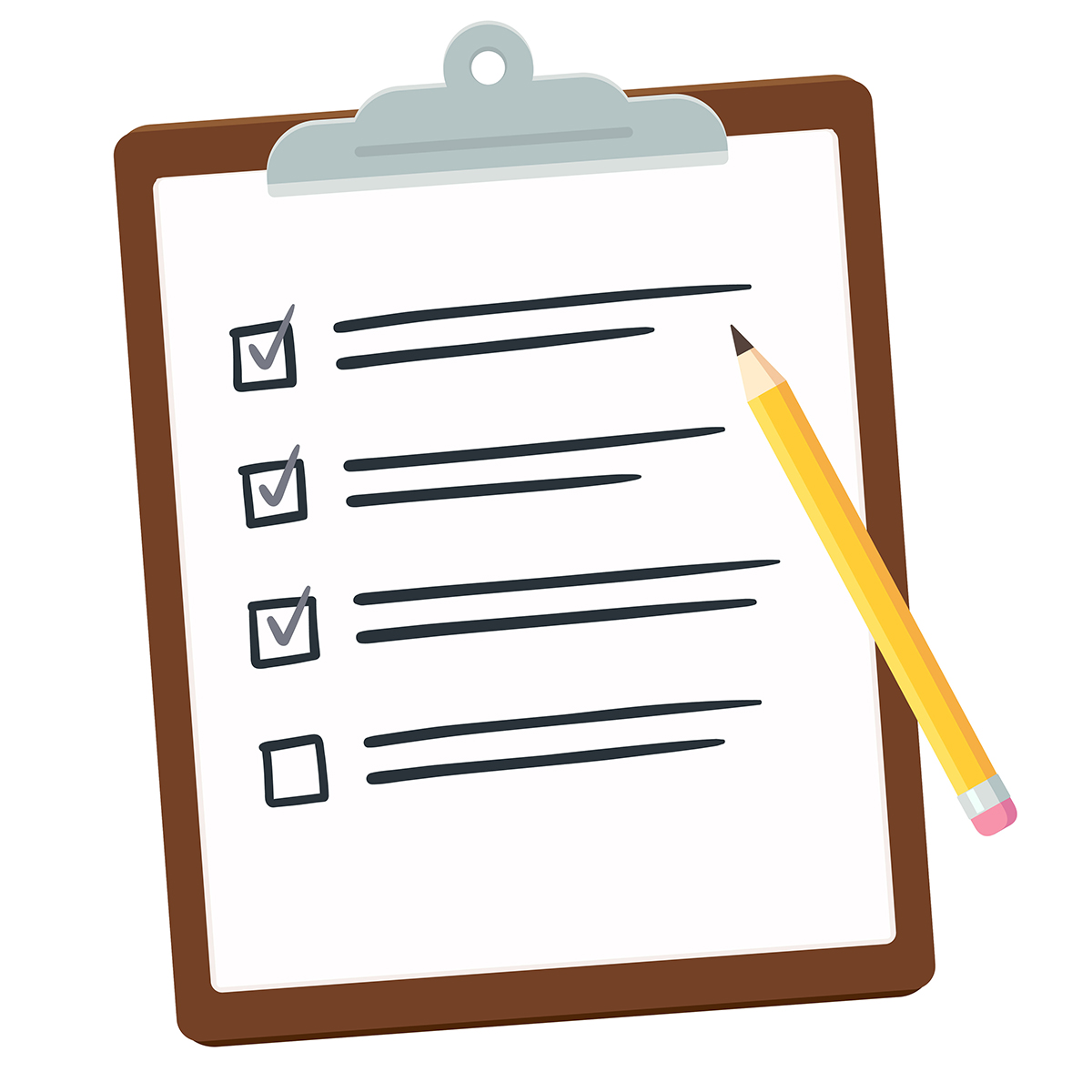 A clipboard with a checklist on it and a pencil.