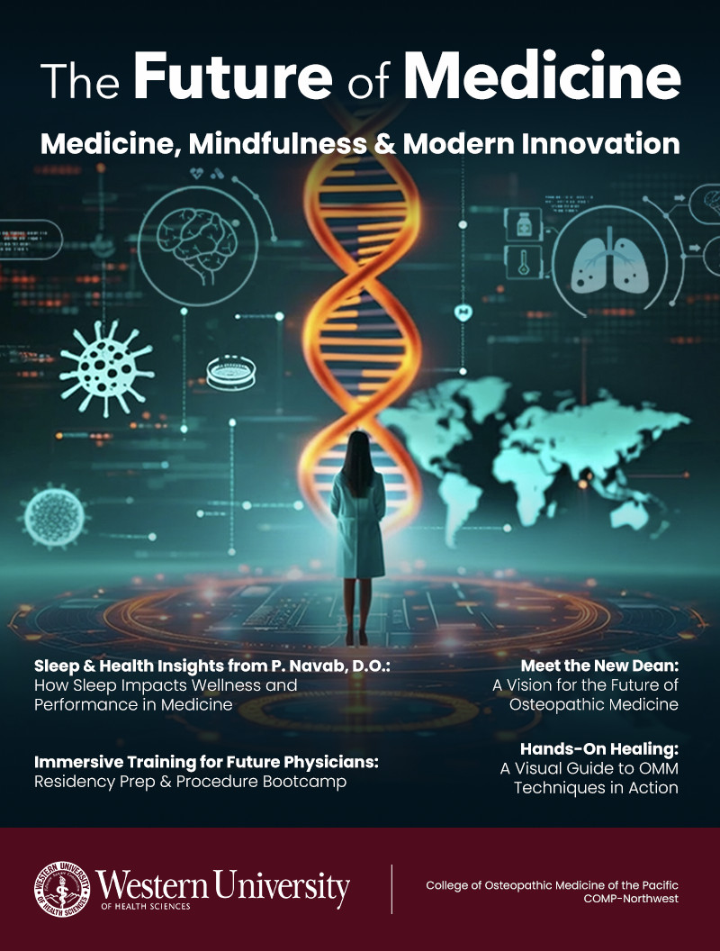 A person in a lab coat stands in front of a large DNA strand, with medical icons and digital graphics symbolizing modern medical technology and innovation.