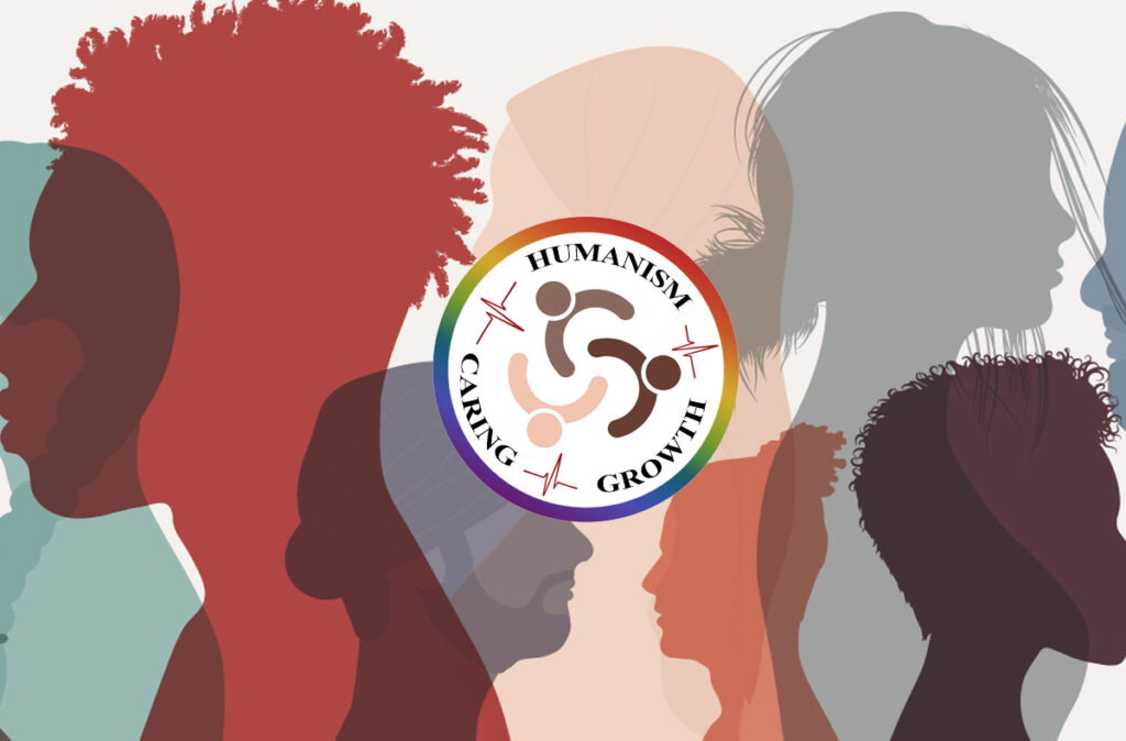 Silhouettes of diverse people overlap in the background, with a circular emblem in the center reading 