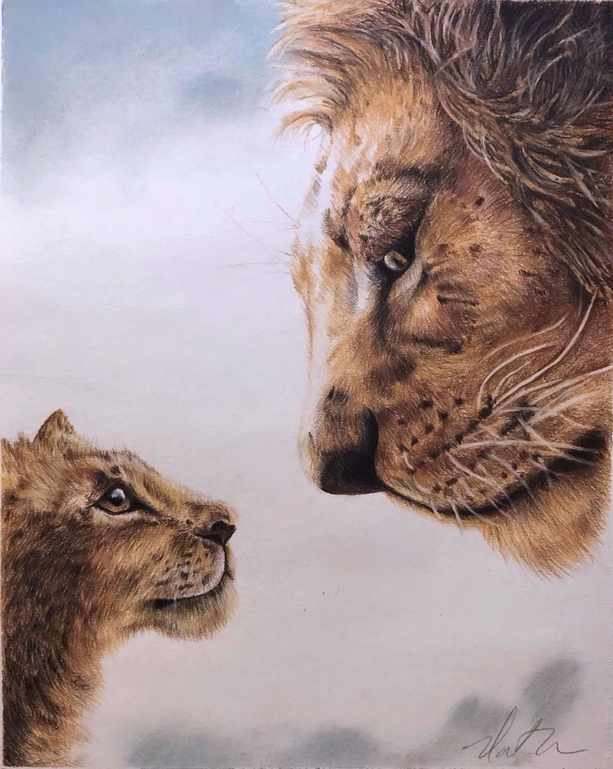 fine art painting of an adult and baby lion